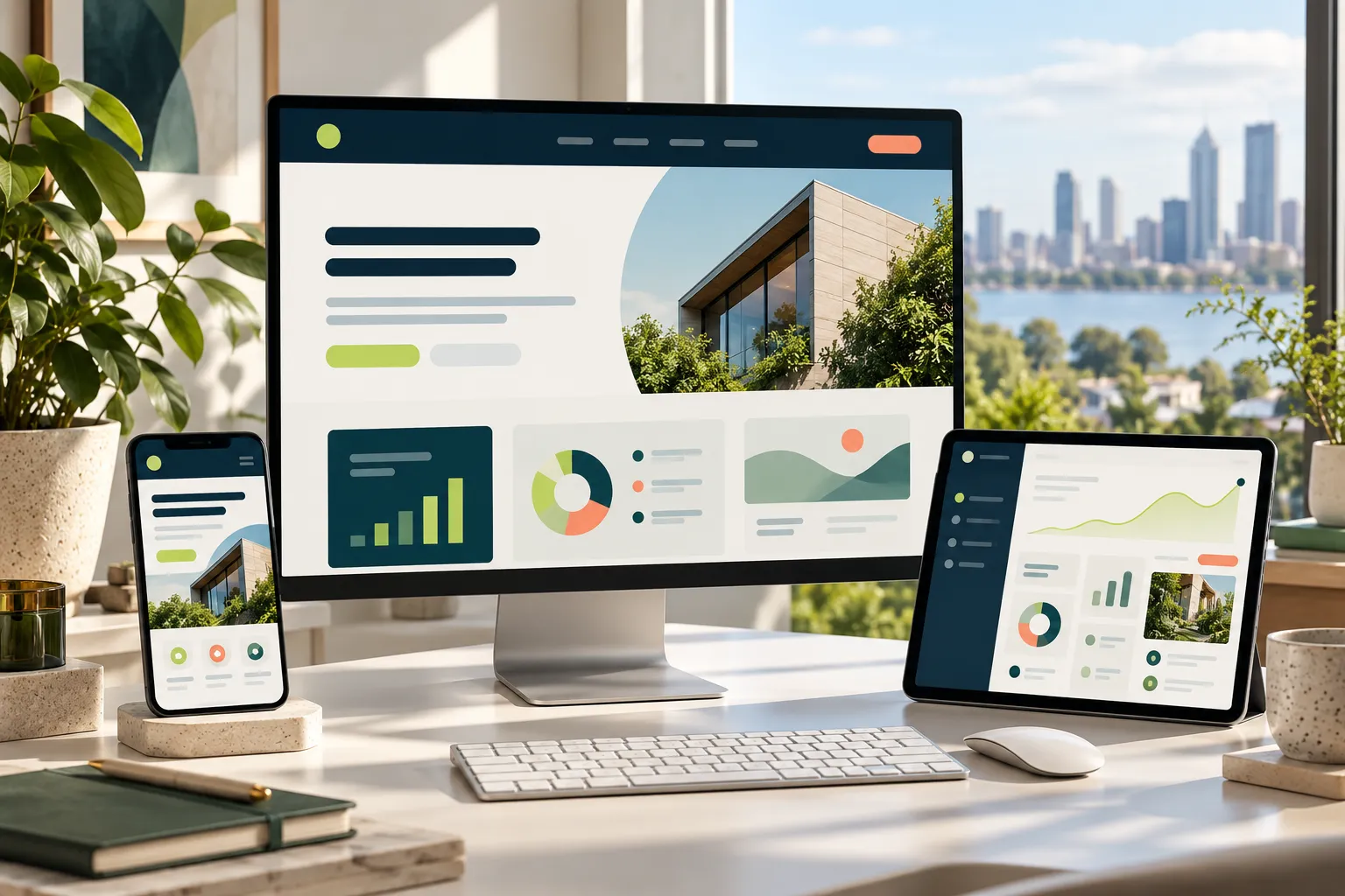 Website and dashboard designs shown on desktop, tablet and phone