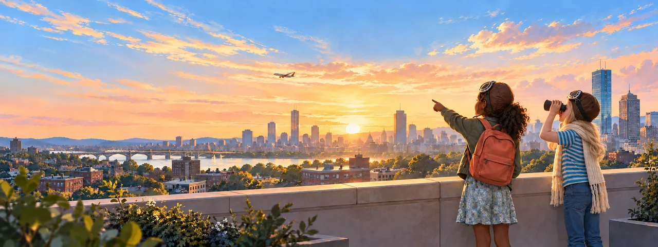 Illustration of two young aviators on a city rooftop at sunset, one pointing at a passing plane