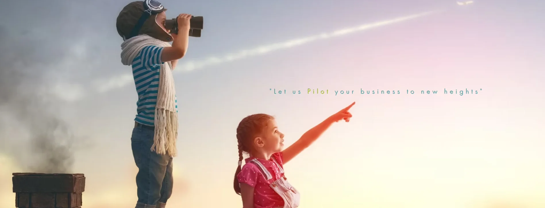 A woman looking through binoculars and a girl pointing up at the sky beneath the words “Let us Pilot your business to new heights.”